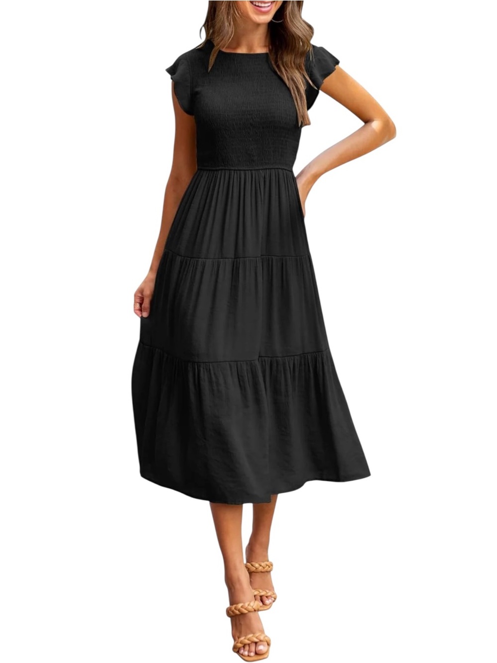 Merokeety Black Smocked Tiered Midi Dress Flutter Sleeve Rayon S